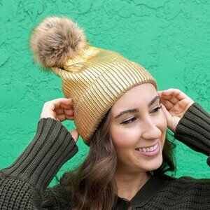 NWT - Fabulous Furs Gold Metallic Pom Hat